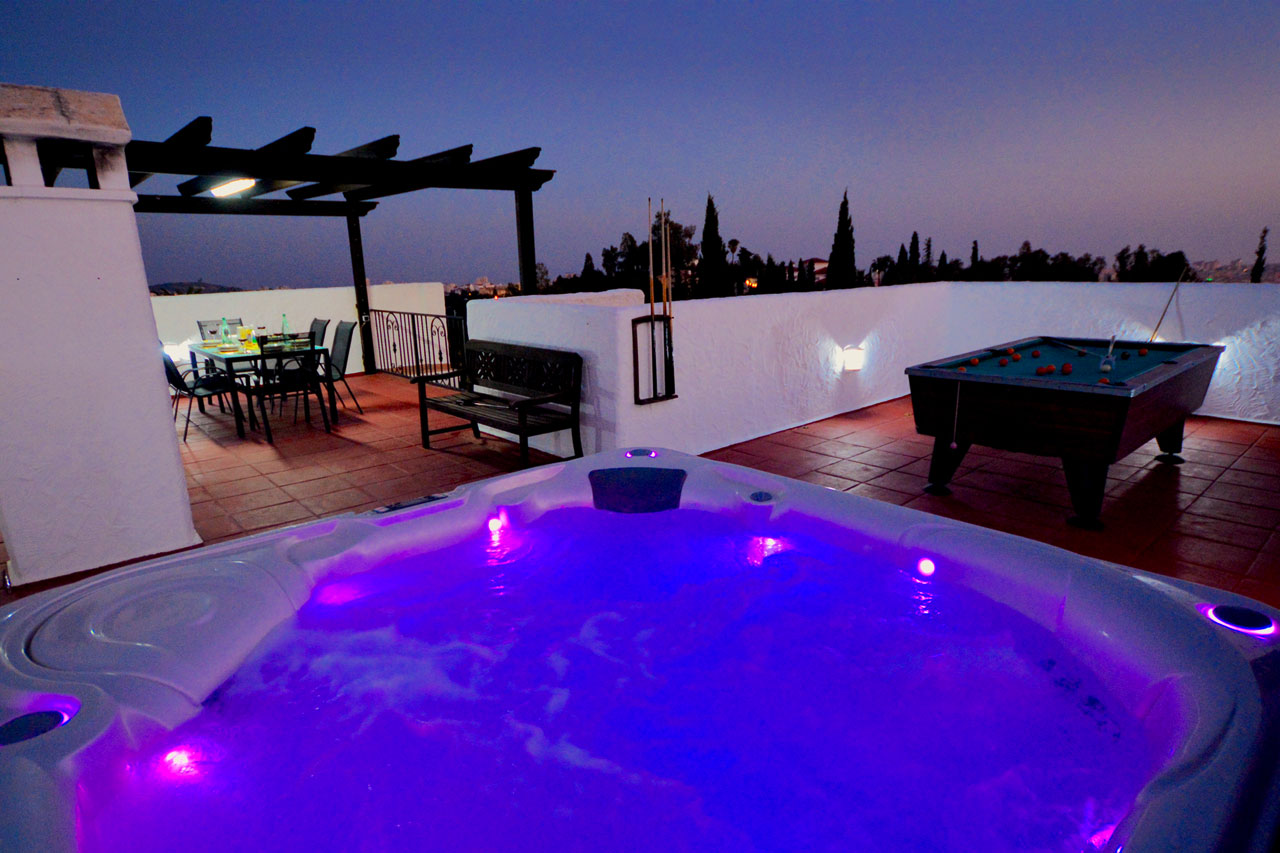 Villa Sp001 Showing The American Style Hot Tub Illuminated At Night Panoramic Villas